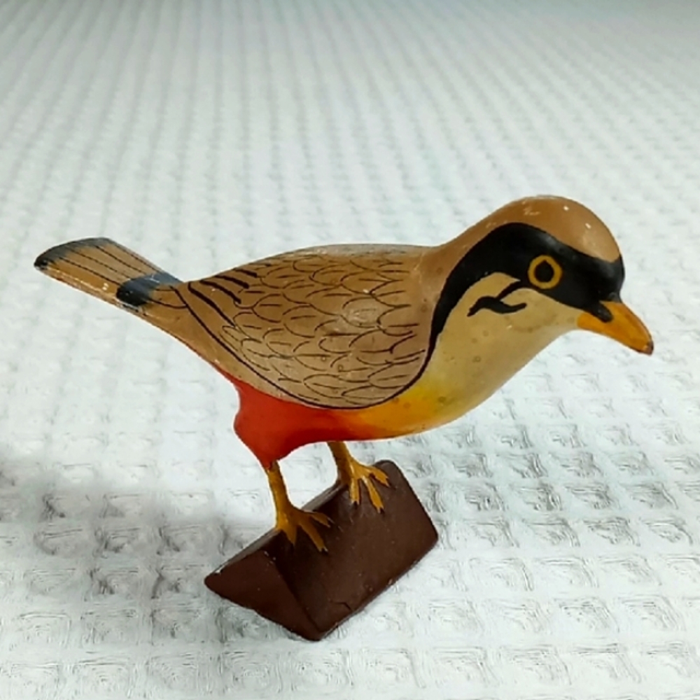 Handcrafted Wooden Folk Art Brown Yellow and Red Bird Figurine